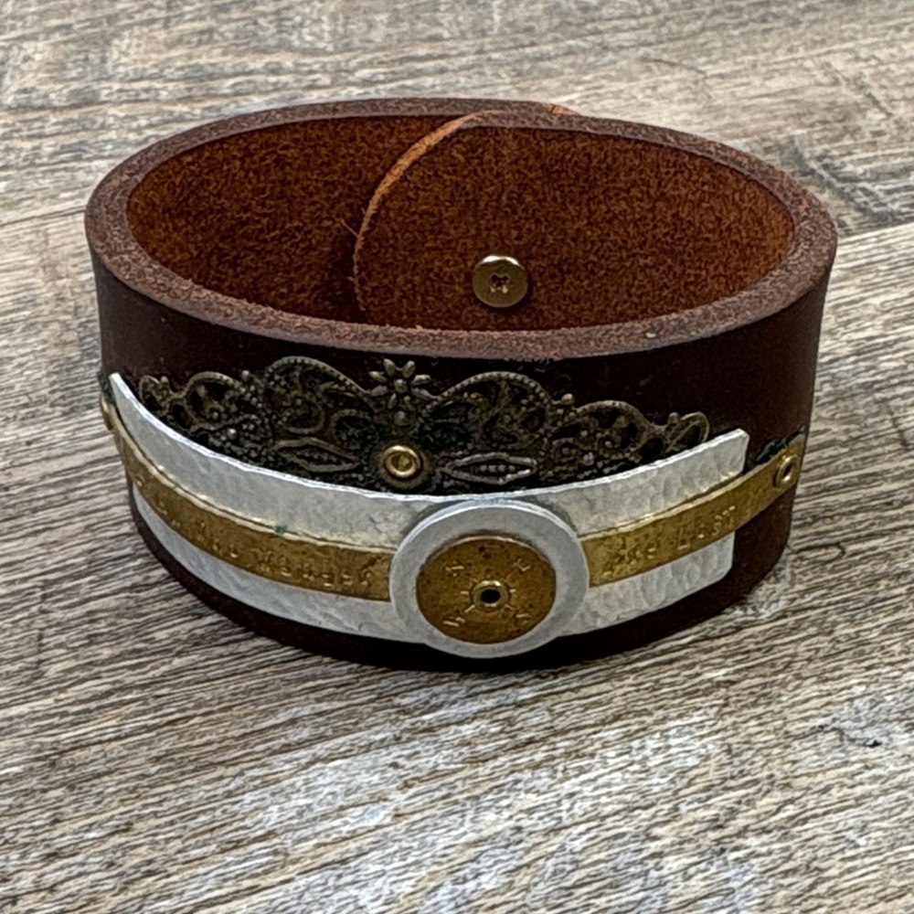 ‘Not All Who Wander Are Lost’ Medallion Leather Cuff